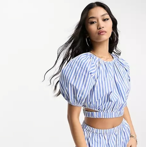 ASOS DESIGN Cut-out Detail Crop Top - Striped Blue - Picture 2 of 4